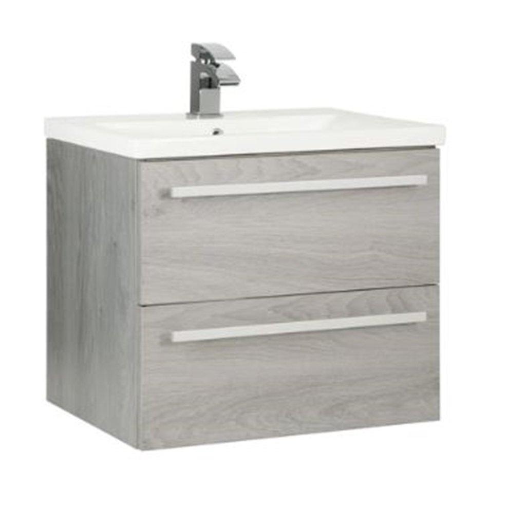 Silver Oak Bathroom 2 Drawer Wall Hung Unit with Ceramic Basin 60cm Wide